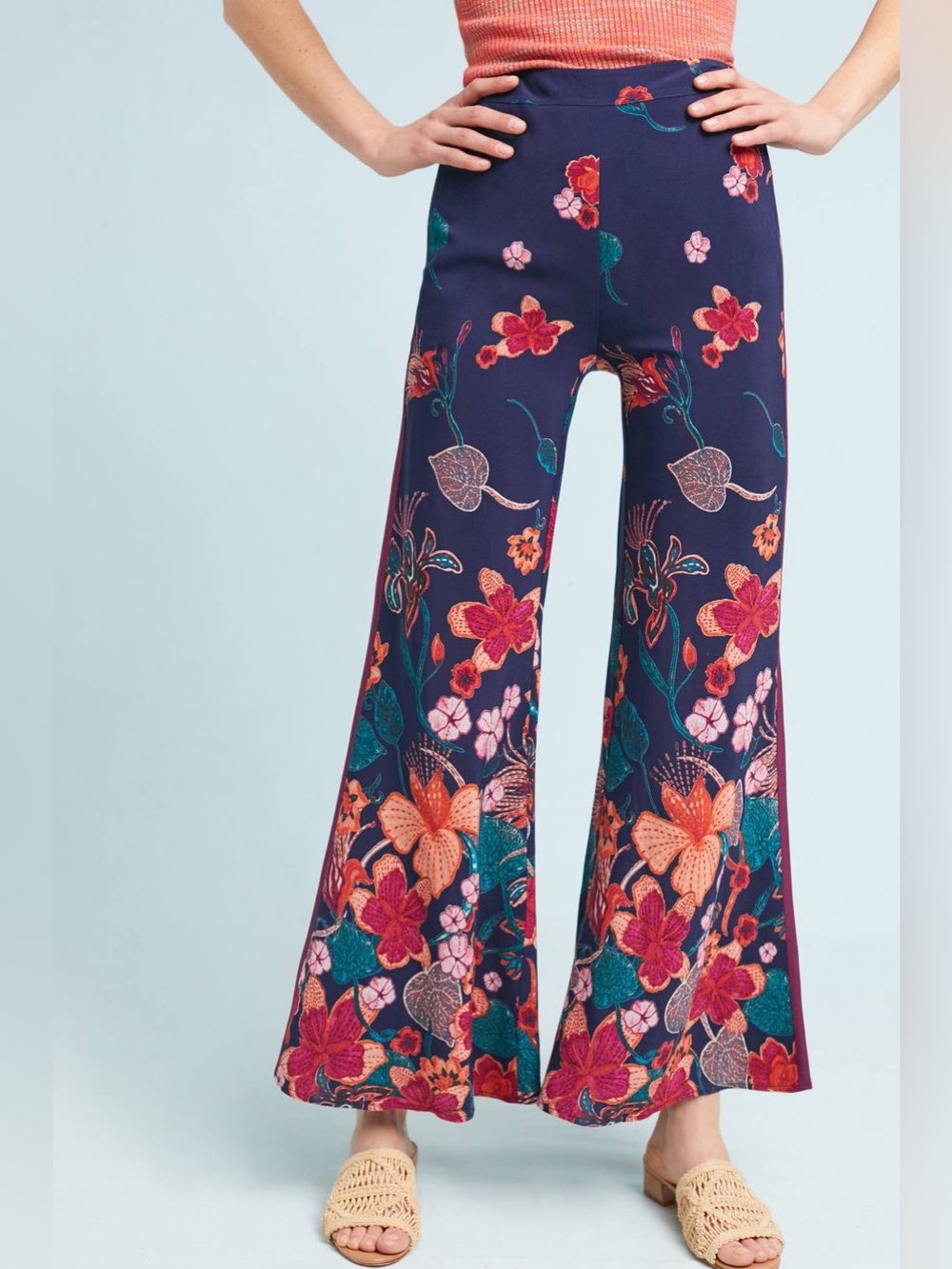 Anthropologie Floral Flared Track Pants Navy Wide-Leg Size 4 New